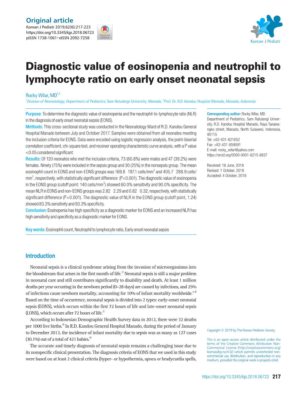 Diagnostic Value of Eosinopenia and Neutrophil to Lymphocyte Ratio on Early Onset Neonatal Sepsis