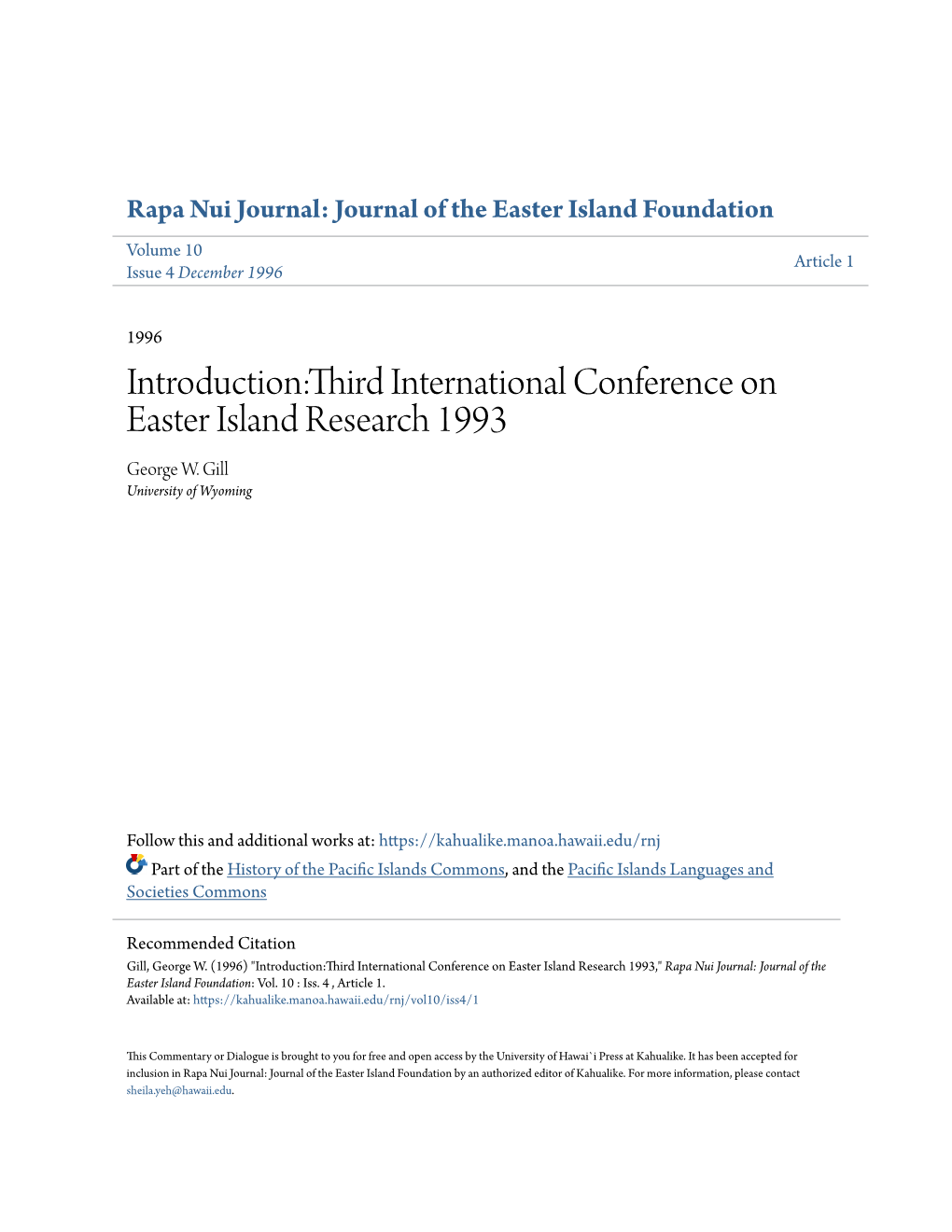 Introduction:Third International Conference on Easter Island Research 1993 George W