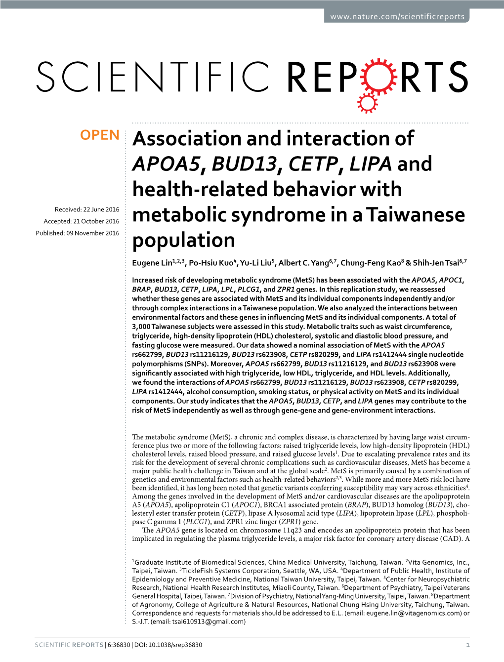 Association and Interaction of APOA5, BUD13, CETP, Lipaand Health