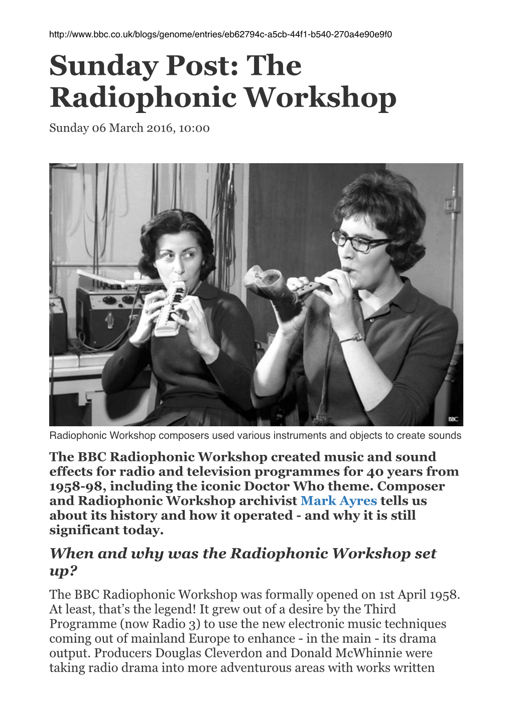 Sunday Post: the Radiophonic Workshop Sunday 06 March 2016, 10:00