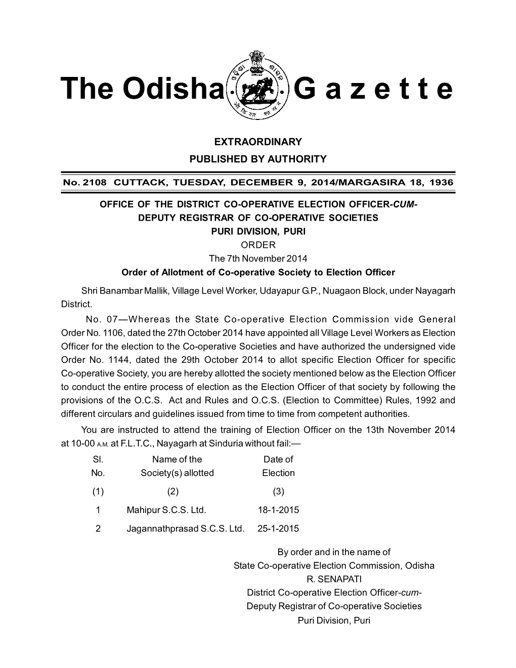 The Odisha G a Z E T T E