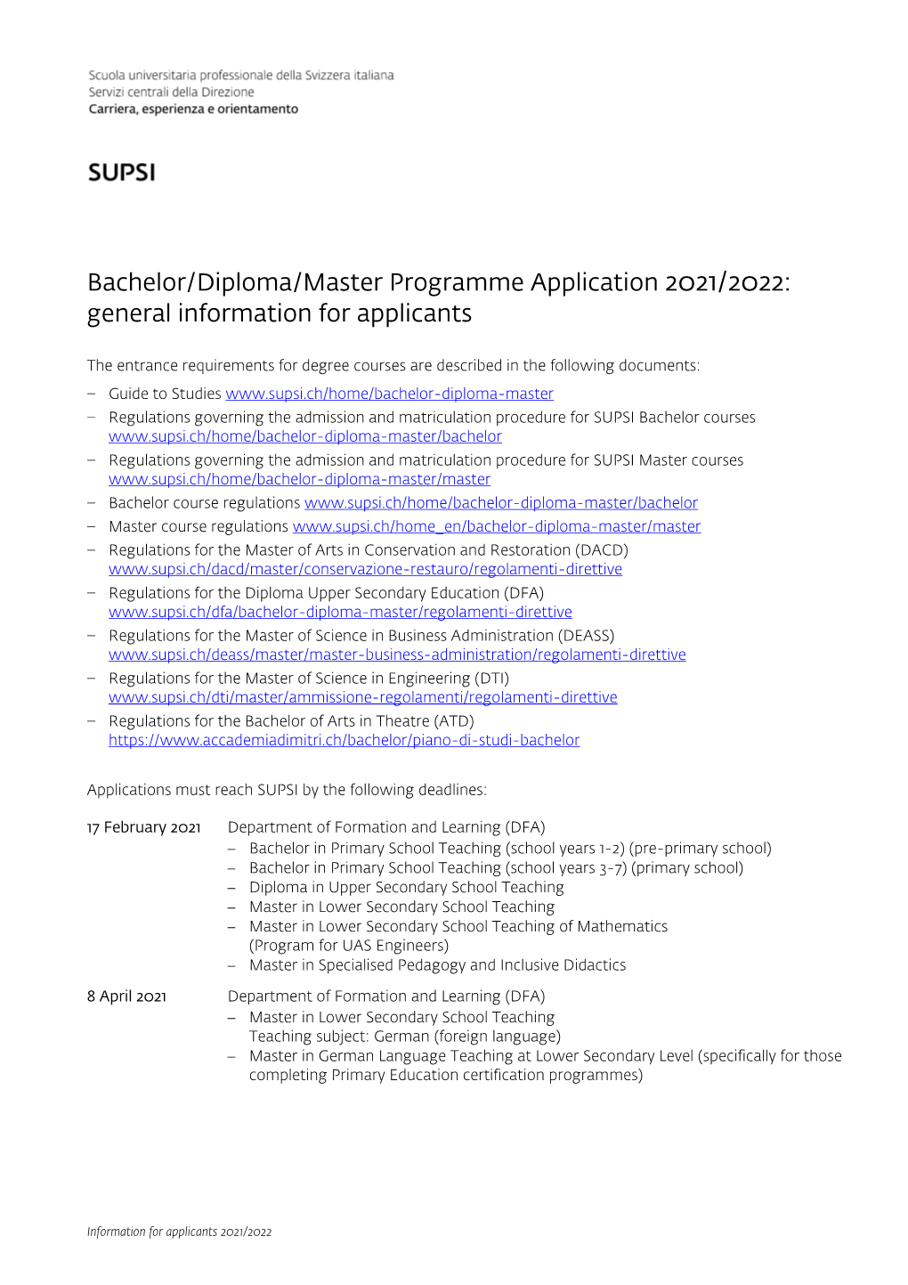 Bachelor/Diploma/Master Programme Application 2021/2022: General Information for Applicants