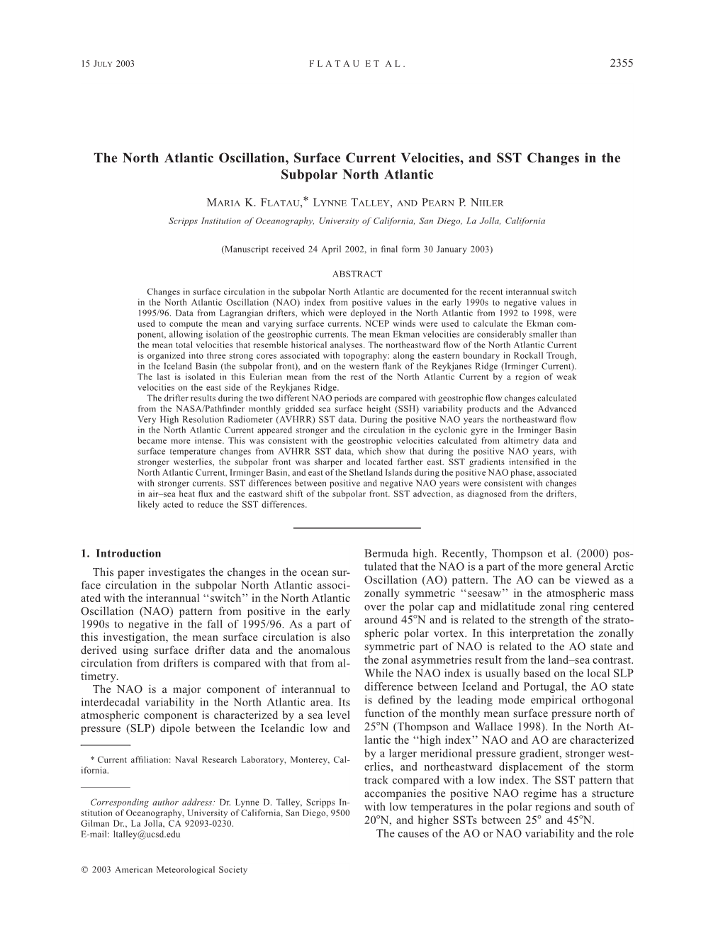 The North Atlantic Oscillation, Surface Current Velocities, and SST Changes in the Subpolar North Atlantic