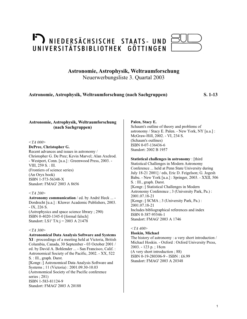 Astronomie, Astrophysik, Weltraumforschung Neuerwerbungsliste 3