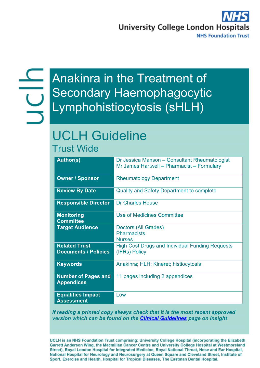 UCLH Anakinra for HLH Guideline March 2020