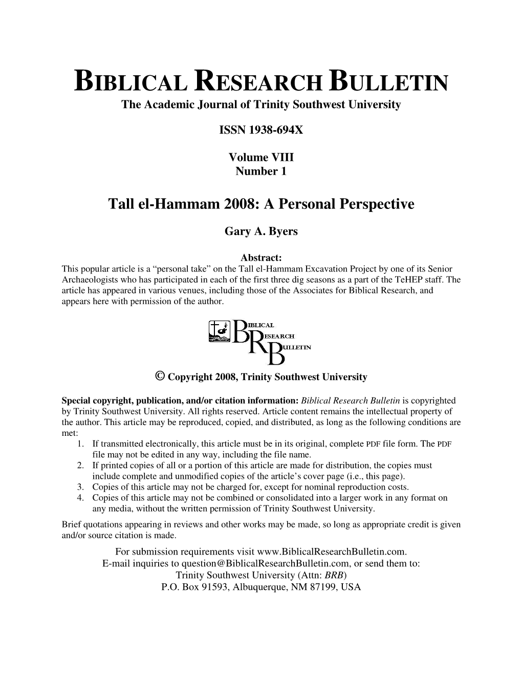 BIBLICAL RESEARCH BULLETIN the Academic Journal of Trinity Southwest University