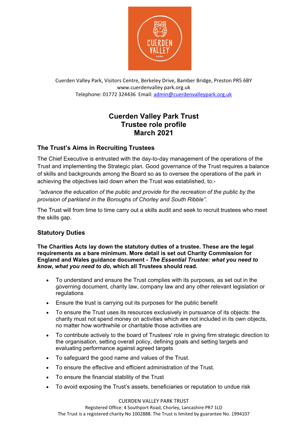 Cuerden Valley Park Trust Trustee Role Profile March 2021