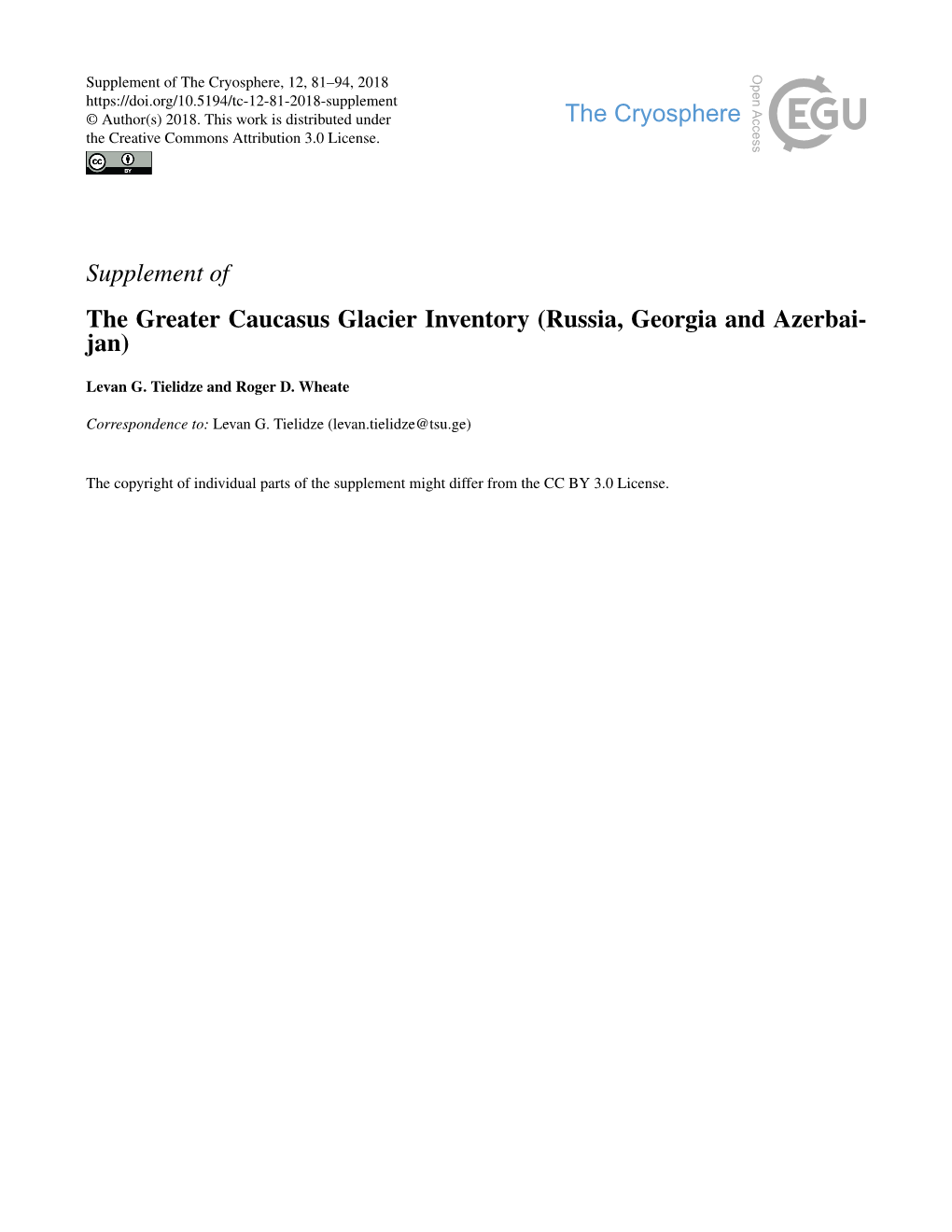 Supplement of the Greater Caucasus Glacier Inventory (Russia, Georgia and Azerbai- Jan)