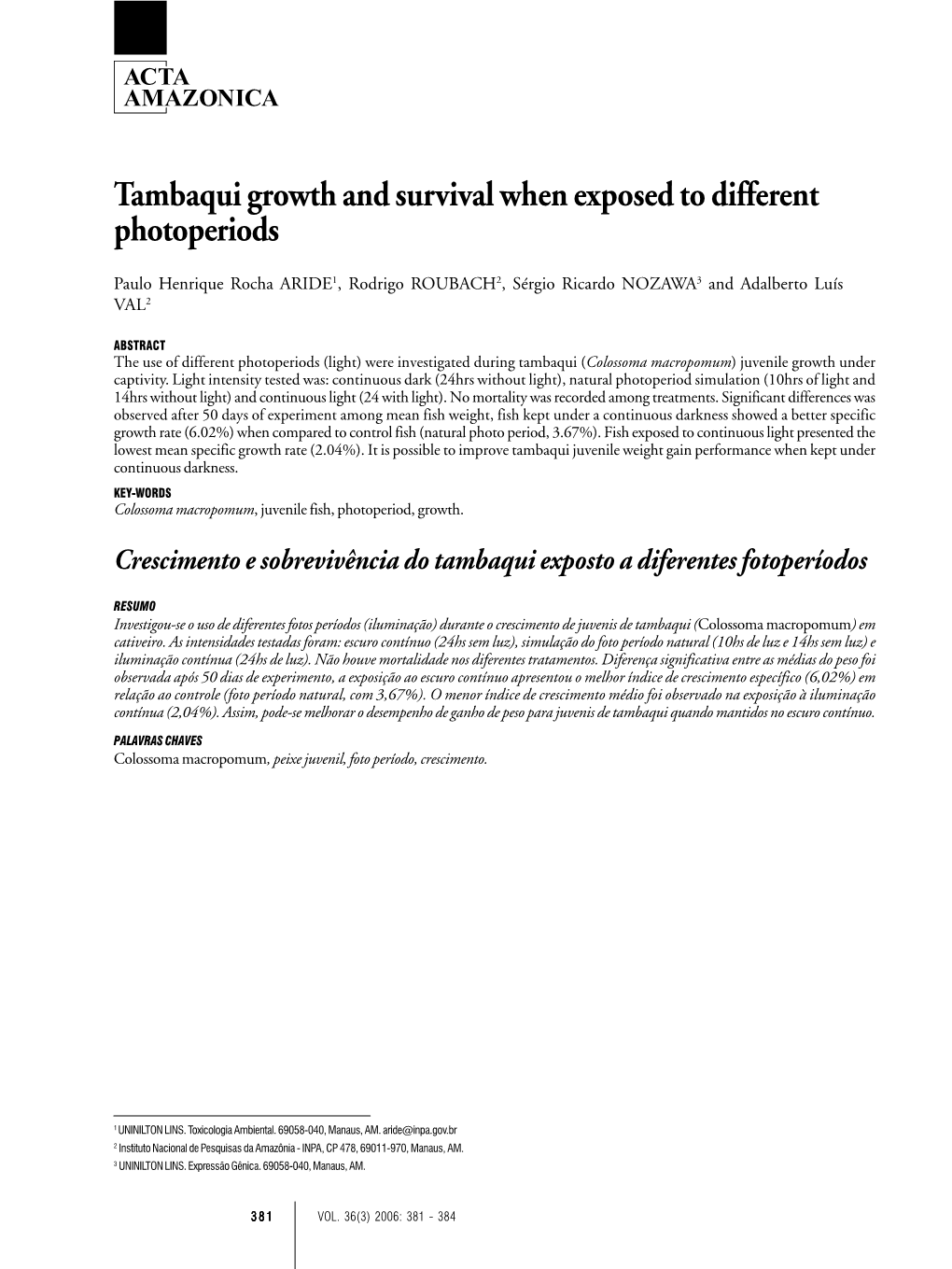 Tambaqui Growth and Survival When Exposed to Different Photoperiods