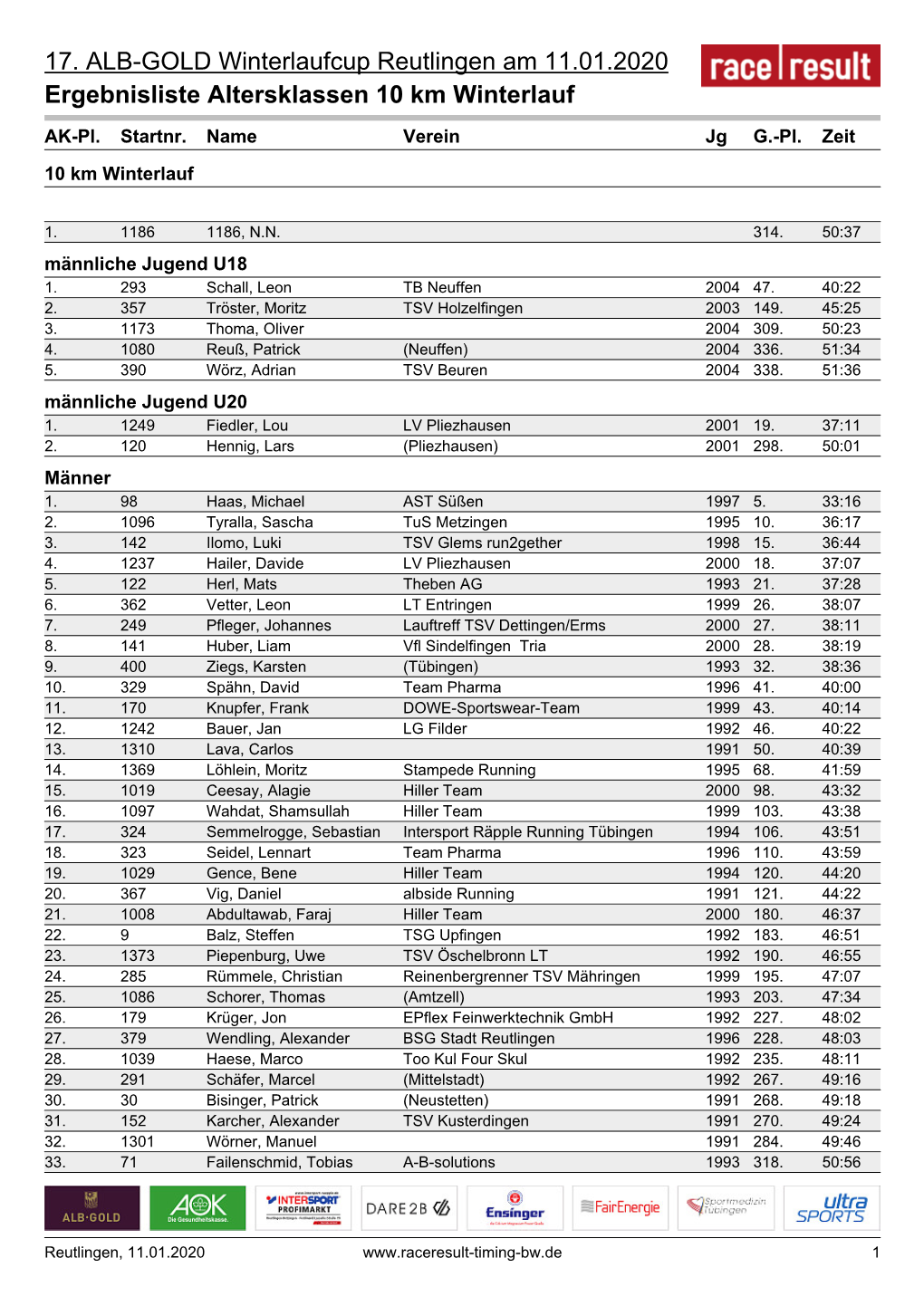 17. ALB-GOLD Winterlaufcup Reutlingen Am 11.01.2020 Ergebnisliste Altersklassen 10 Km Winterlauf