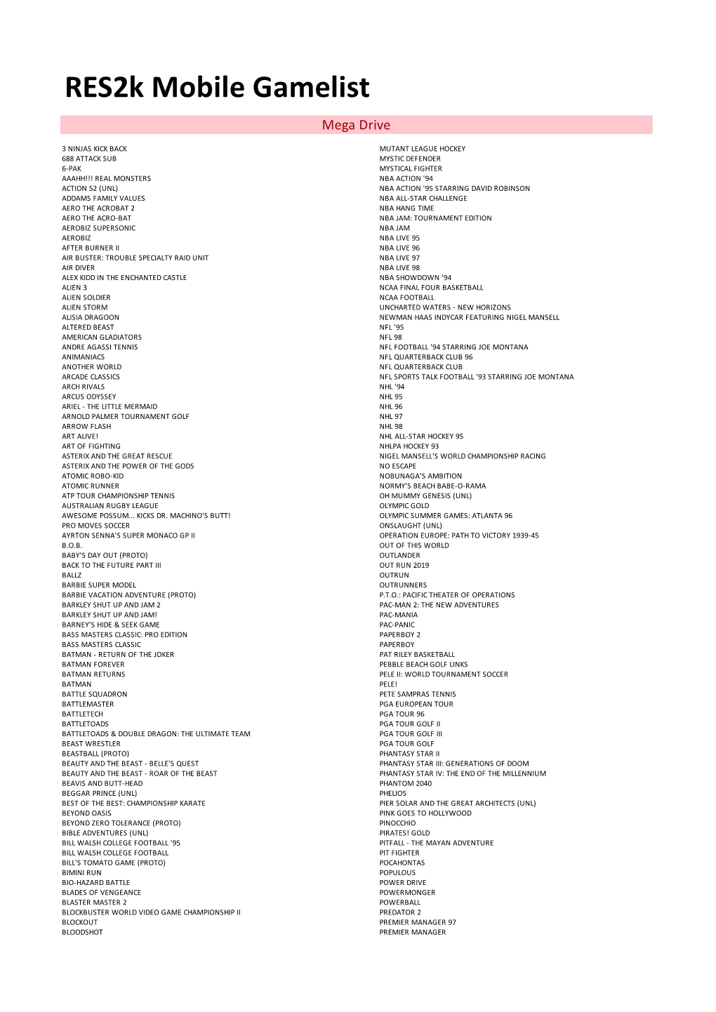 Res2k Mobile Gamelist Mega Drive