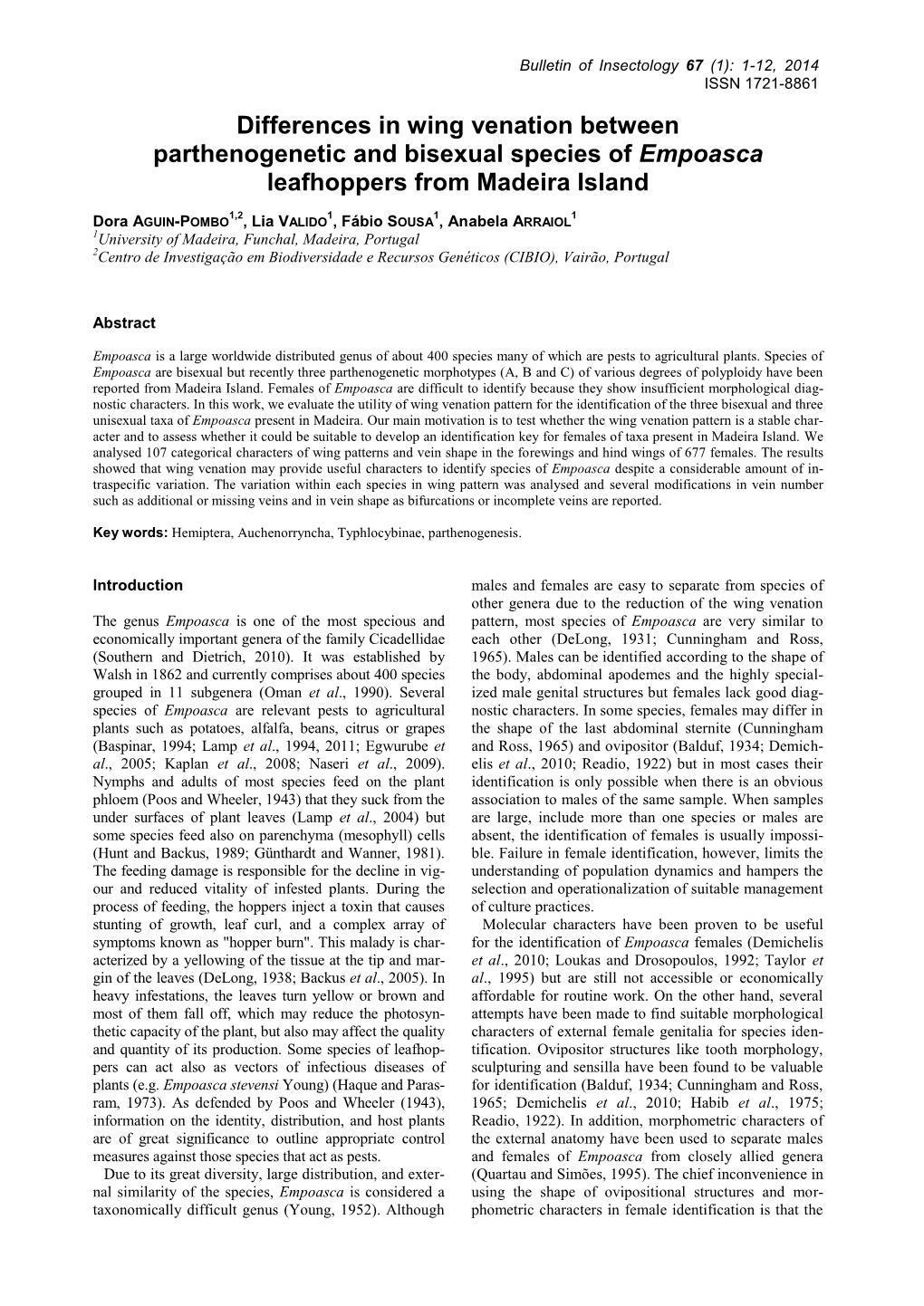 Differences in Wing Venation Between Parthenogenetic and Bisexual Species of Empoasca Leafhoppers from Madeira Island