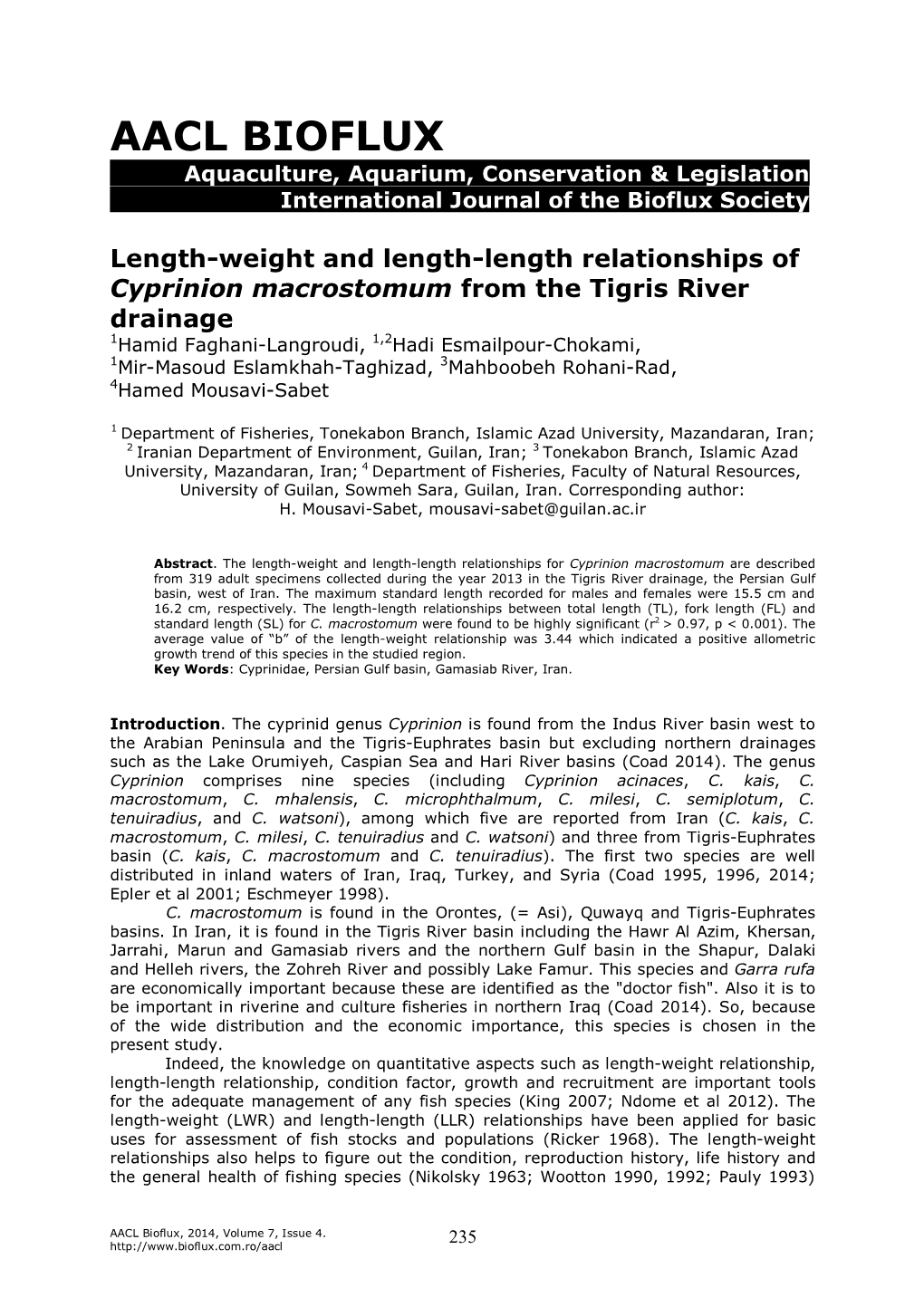 Length-Weight and Length-Length Relationships of Cyprinion