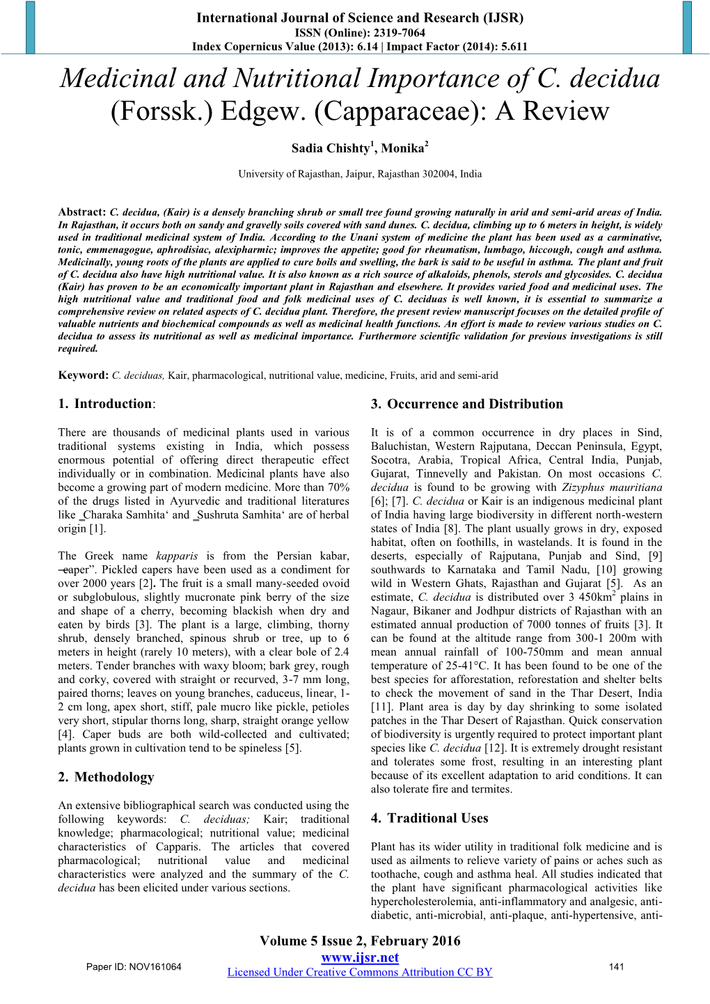 Medicinal and Nutritional Importance of C. Decidua (Forssk.) Edgew. (Capparaceae): a Review