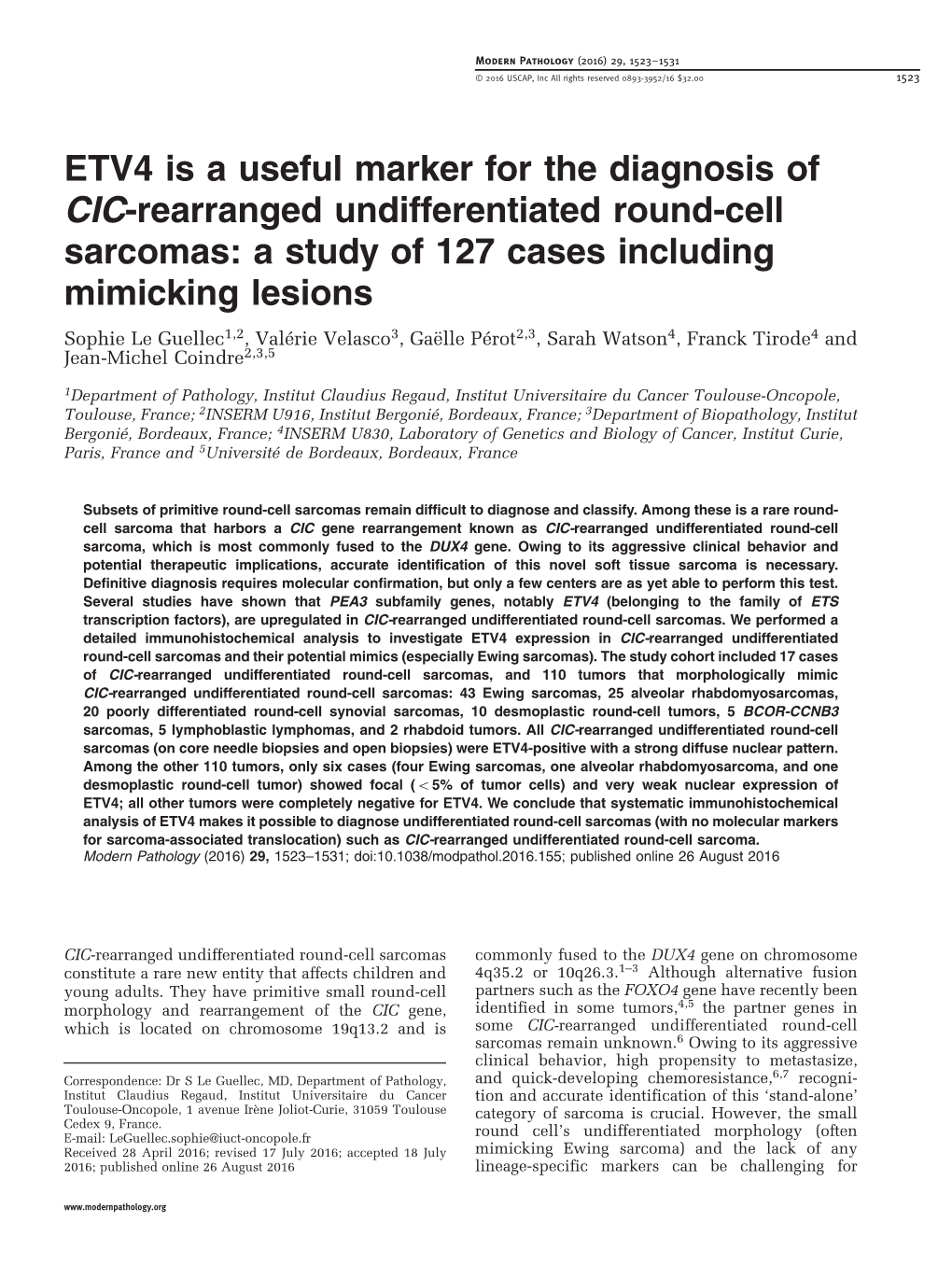 ETV4 Is a Useful Marker for the Diagnosis of CIC-Rearranged