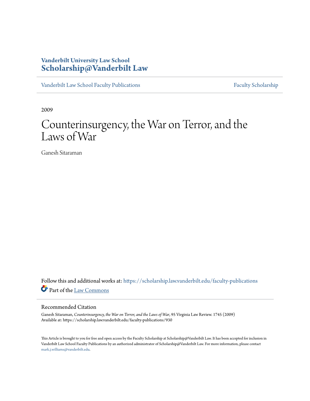 Counterinsurgency, the War on Terror, and the Laws of War Ganesh Sitaraman