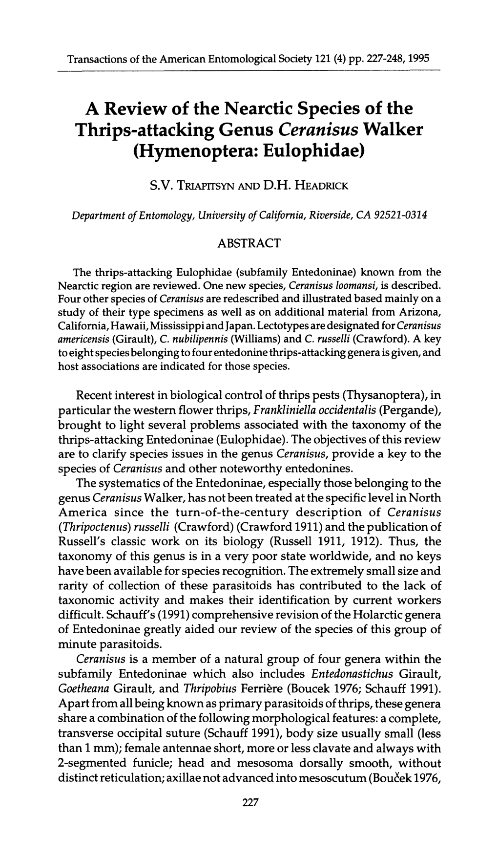 Hymenoptera: Eulophidae) an Immigrant Parasitoid of Thrips in Florida and Guadeloupe