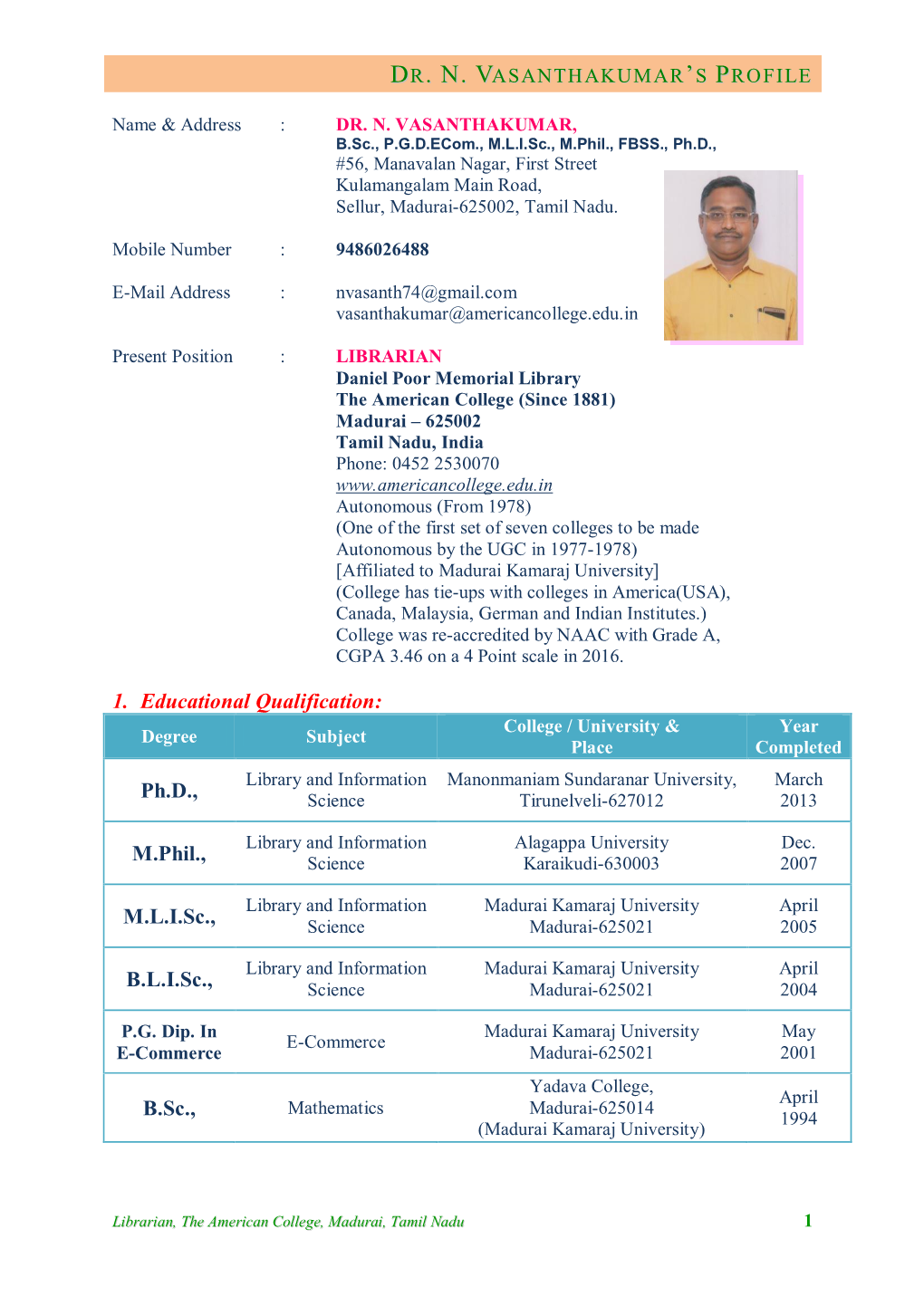 Dr. N. Vasanthakumar’S Profile