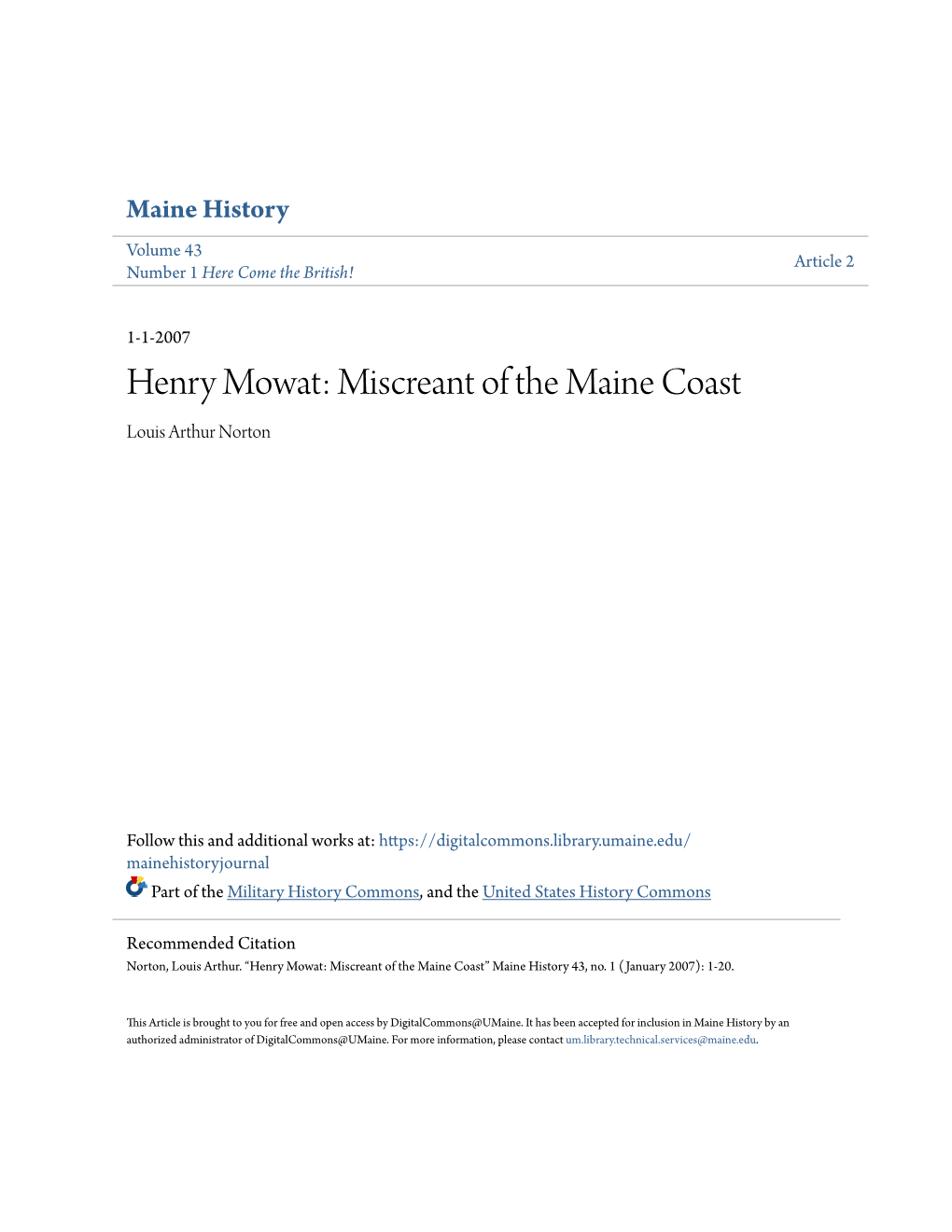 Henry Mowat: Miscreant of the Maine Coast Louis Arthur Norton