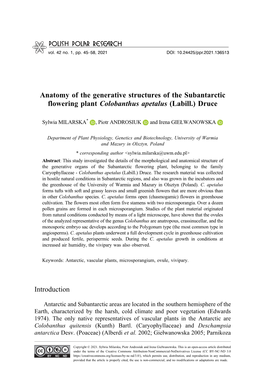 Anatomy of the Generative Structures of the Subantarctic Flowering Plant Colobanthus Apetalus (Labill.) Druce