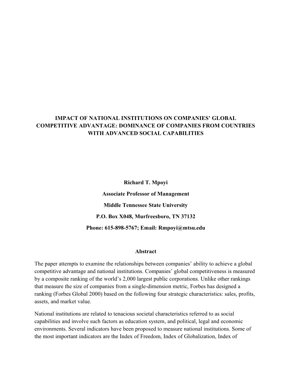 Impact of National Institutions on Companies Global Competitive Advantage: Dominance Of