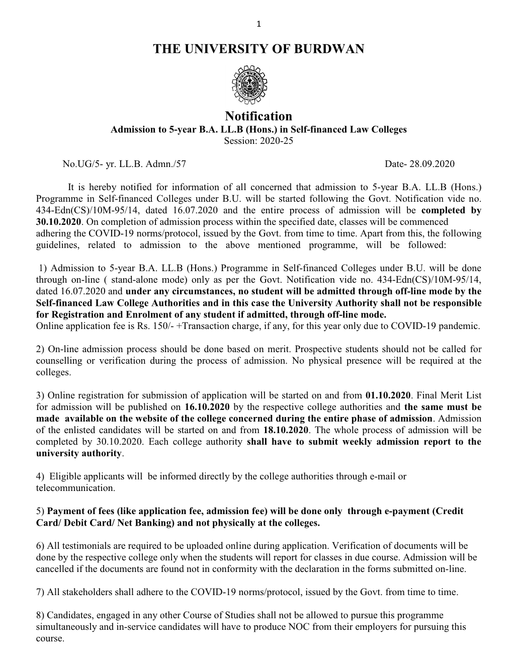 THE UNIVERSITY of BURDWAN Notification