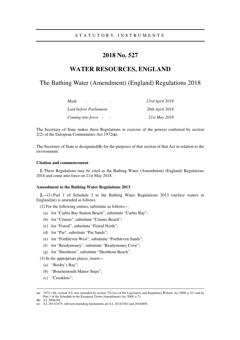 The Bathing Water (Amendment) (England) Regulations 2018