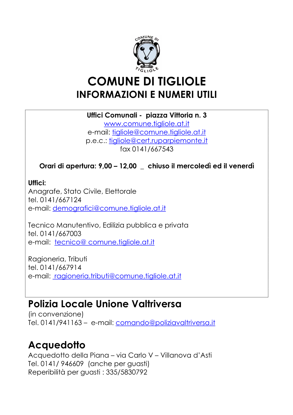 Comune Di Tigliole Informazioni E Numeri Utili