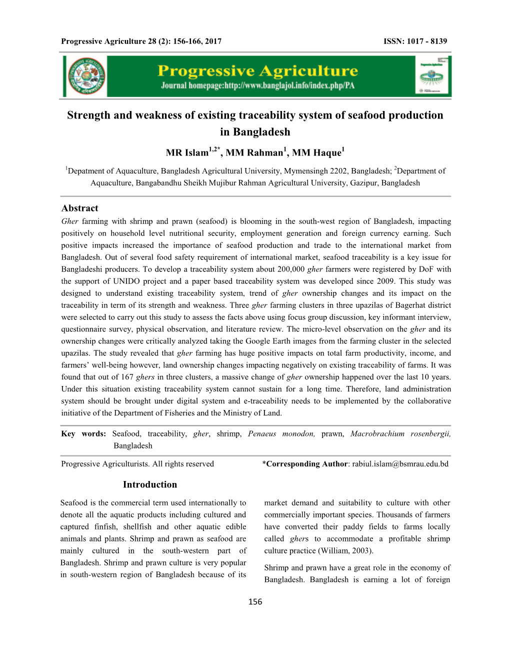 Strength and Weakness of Existing Traceability System of Seafood Production in Bangladesh MR Islam1,2*, MM Rahman1, MM Haque1