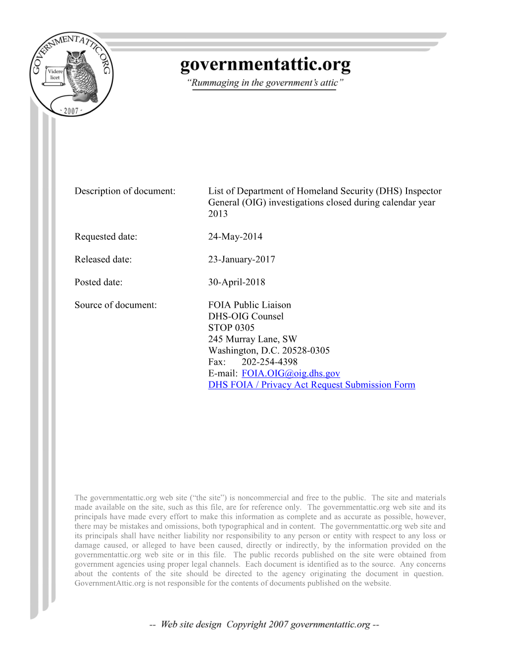 (DHS) Inspector General (OIG) Investigations Closed During Calendar Year 2013