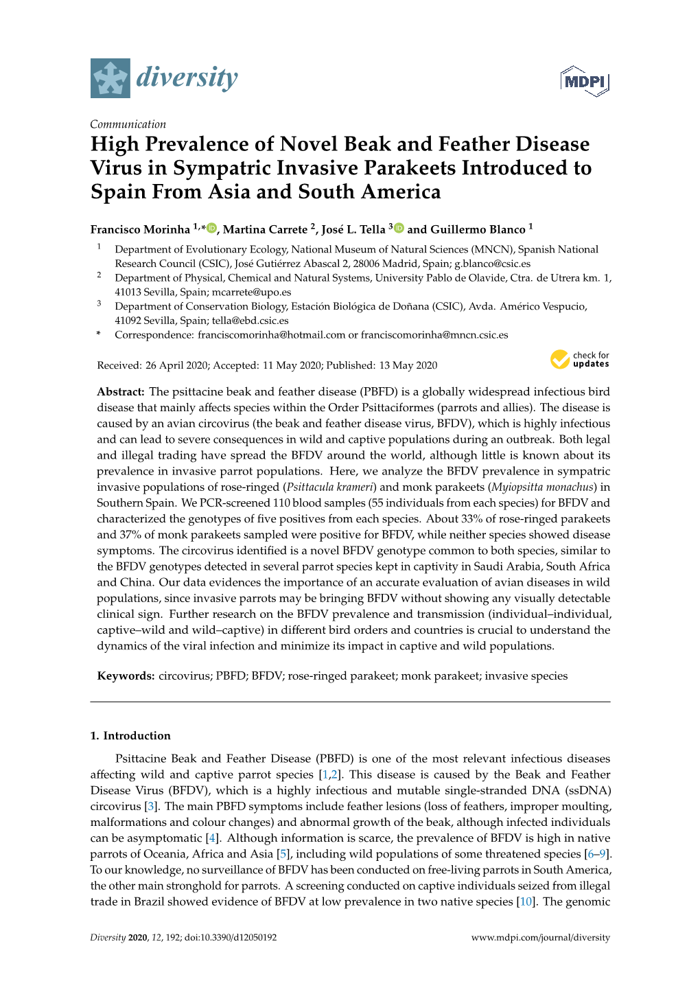 High Prevalence of Novel Beak and Feather Disease Virus in Sympatric Invasive Parakeets Introduced to Spain from Asia and South America