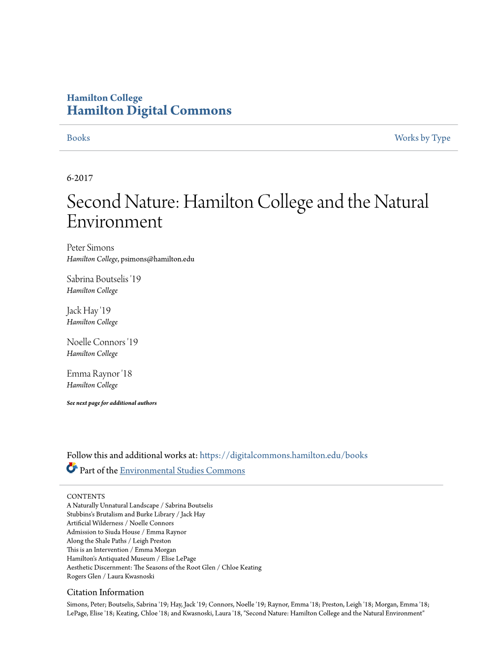 Second Nature: Hamilton College and the Natural Environment Peter Simons Hamilton College, Psimons@Hamilton.Edu