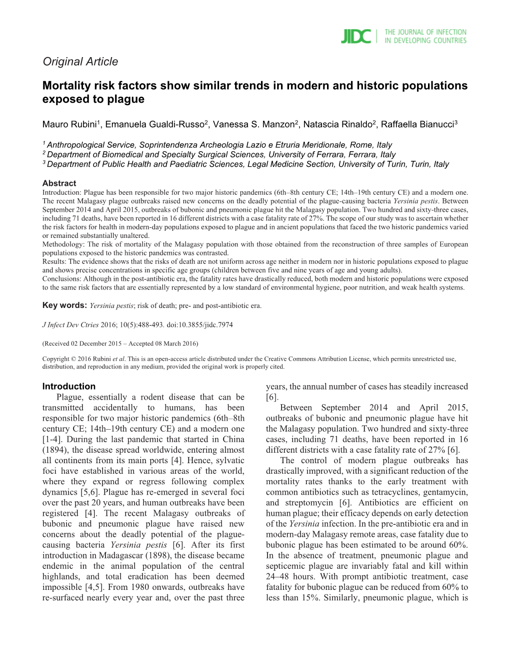 Original Article Mortality Risk Factors Show Similar Trends in Modern and Historic Populations Exposed to Plague