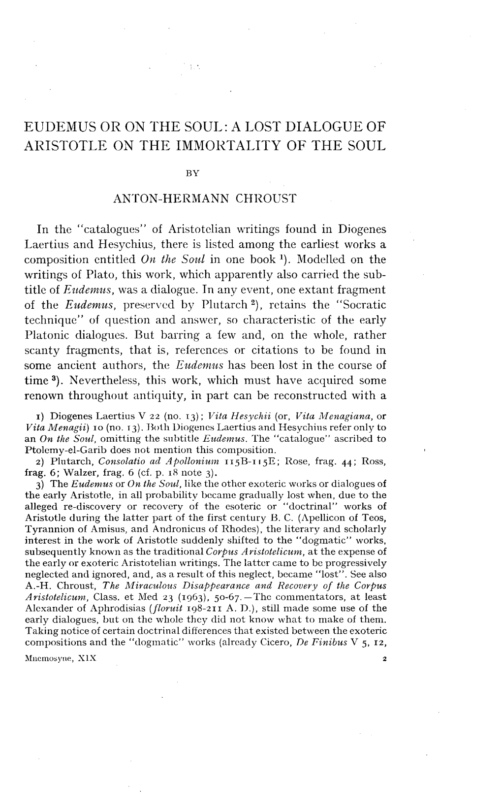 A LOST DIALOGUE of ARISTOTLE on the IMMORTALITY of the SOUL by ANTON-HERMANN CHROUST in the 