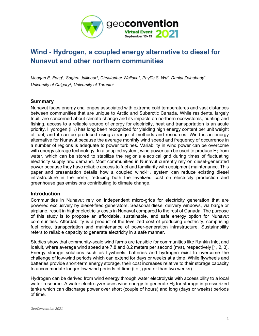 Wind - Hydrogen, a Coupled Energy Alternative to Diesel for Nunavut and Other Northern Communities