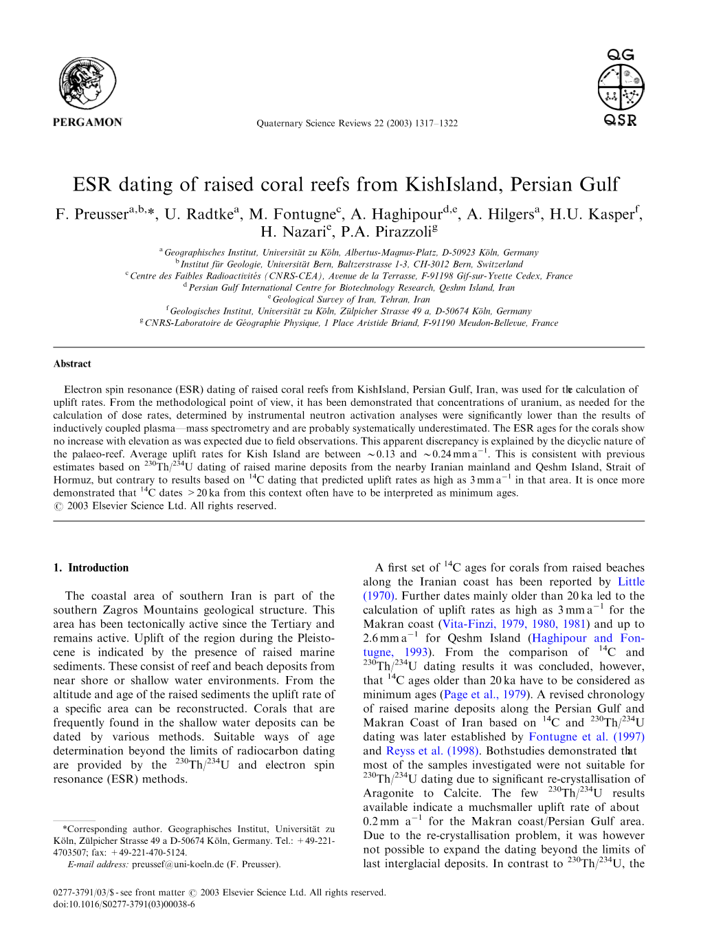 ESR Dating of Raised Coral Reefs from Kish Island, Persian Gulf