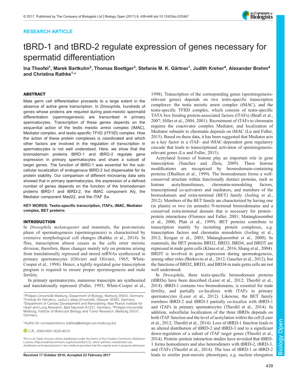 Tbrd-1 and Tbrd-2 Regulate Expression of Genes Necessary for Spermatid Differentiation Ina Theofel1, Marek Bartkuhn2, Thomas Boettger3, Stefanie M