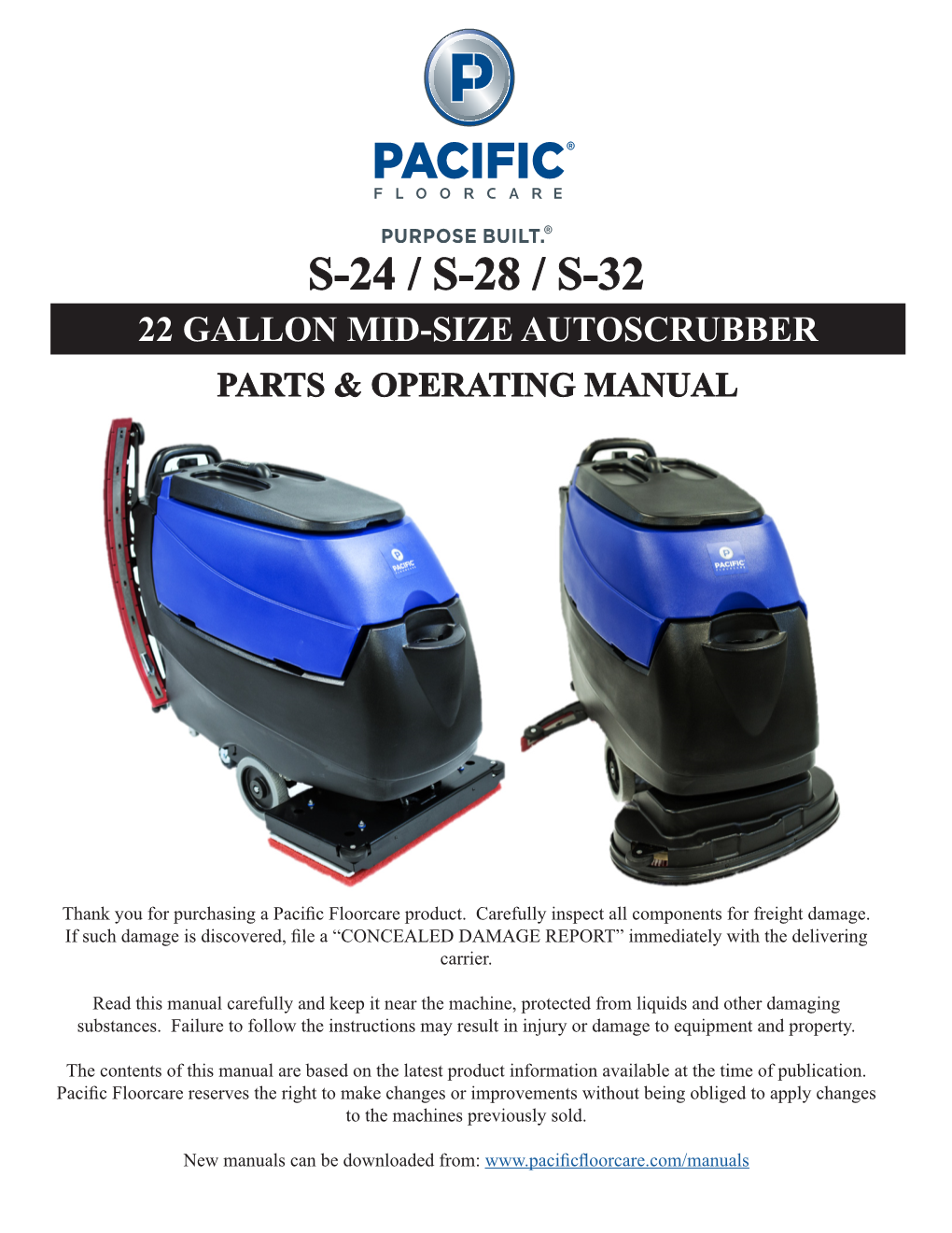 S-24 / S-28 / S-32 22 Gallon Mid-Size Autoscrubber Parts & Operating Manual