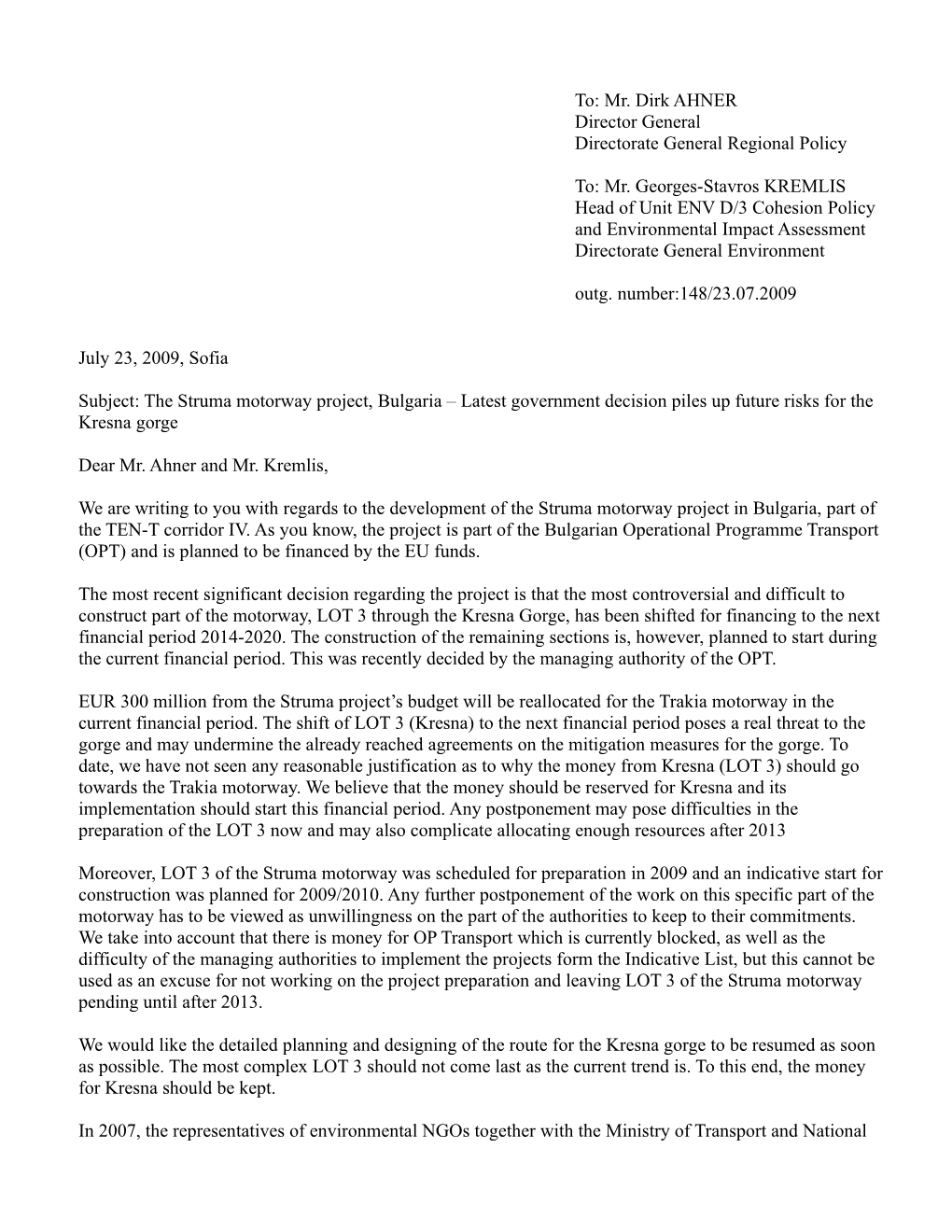 Letter to EC RE Kresna Gorge Motorway Financing