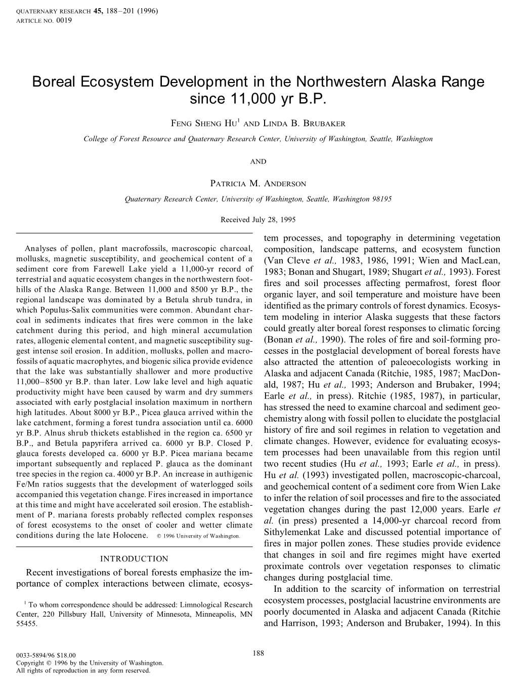 Boreal Ecosystem Development in the Northwestern Alaska Range Since 11,000 Yr B.P