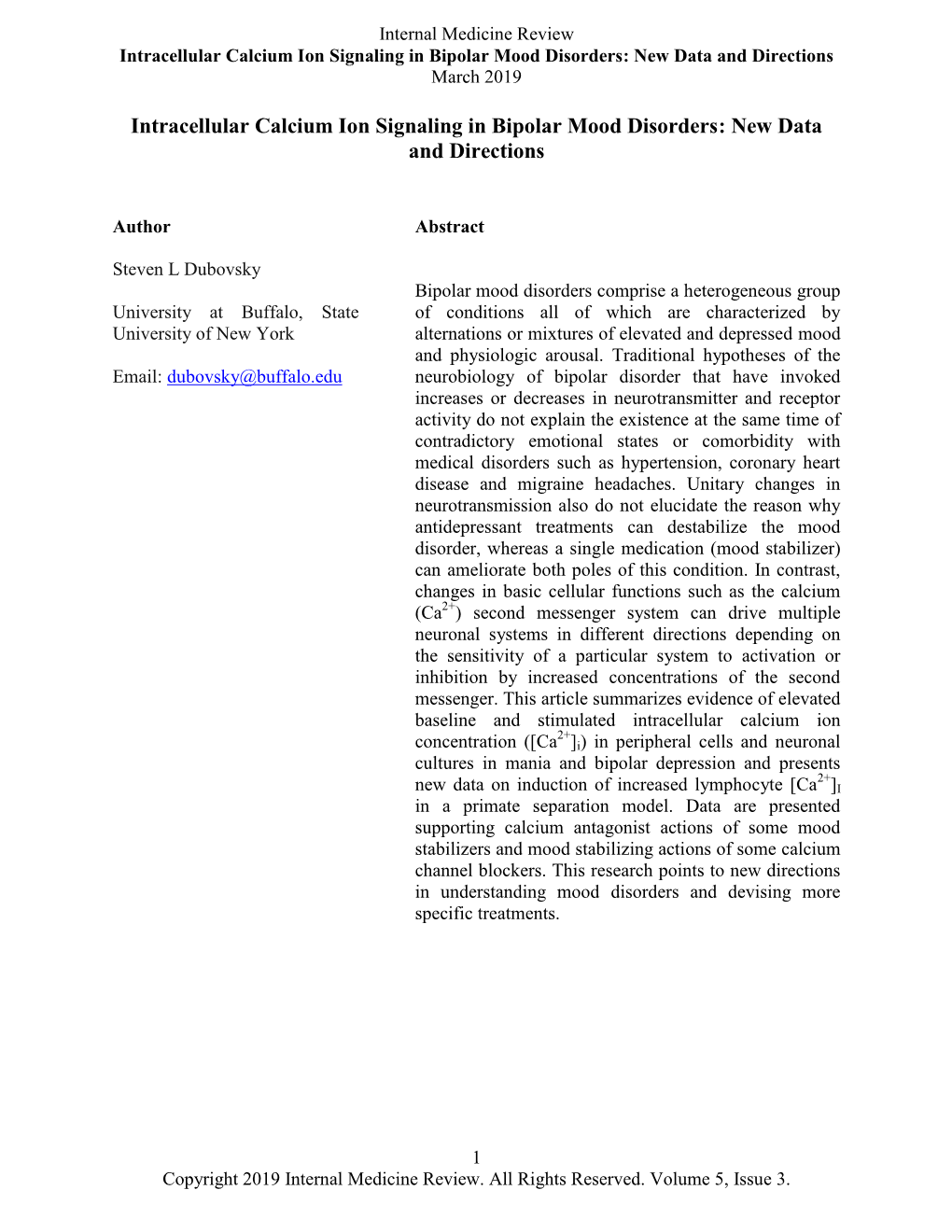 Intracellular Calcium Ion Signaling in Bipolar Mood Disorders: New Data and Directions March 2019