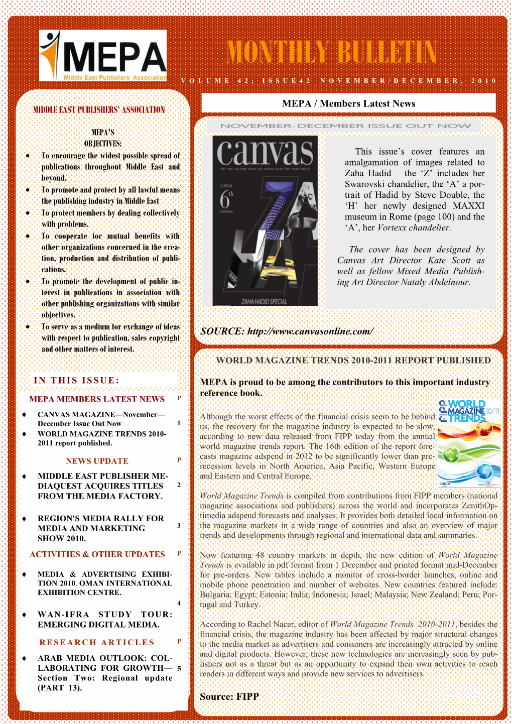 Monthly Bulletin Volume 42; Issue42 November/December, 2010