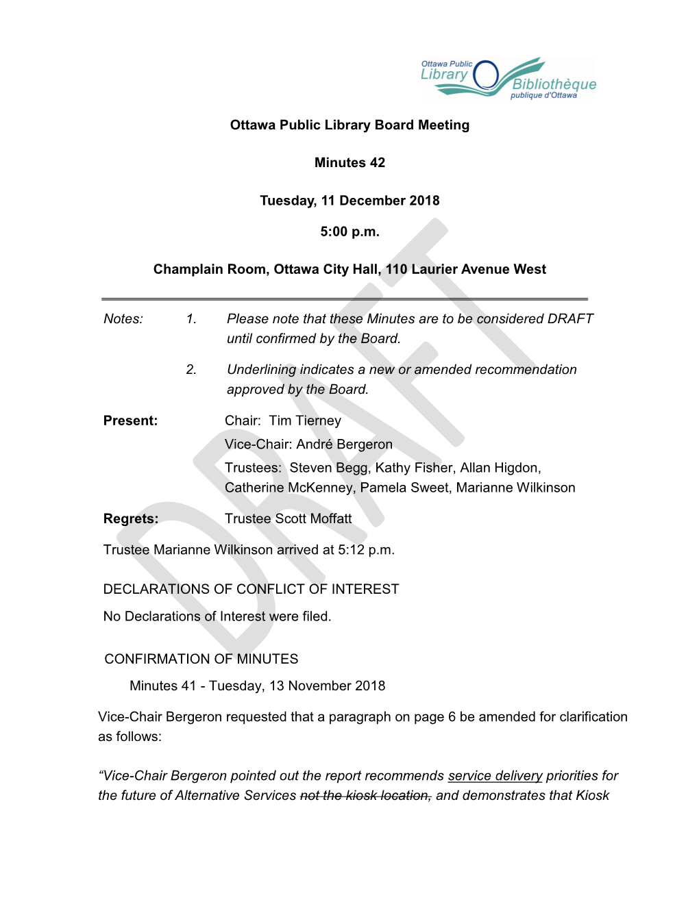 Ottawa Public Library Board Meeting Minutes 42 Tuesday, 11 December