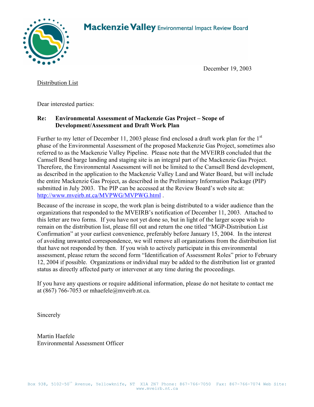 Environmental Assessment of Mackenzie Gas Project – Scope of Development/Assessment and Draft Work Plan