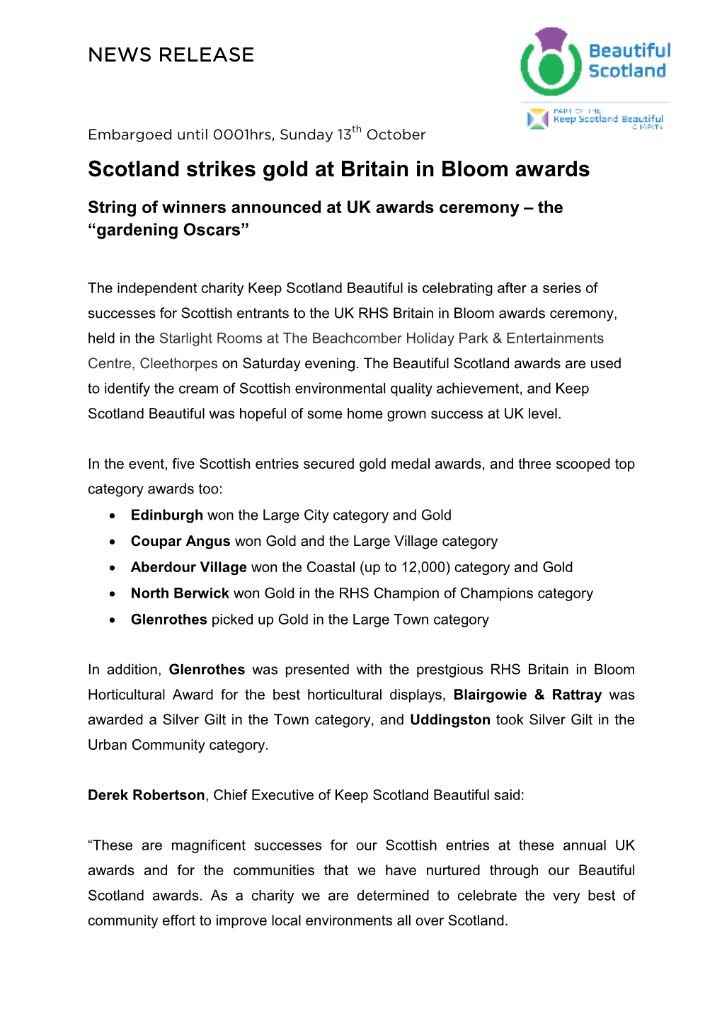 Scotland Strikes Gold at Britain in Bloom Awards