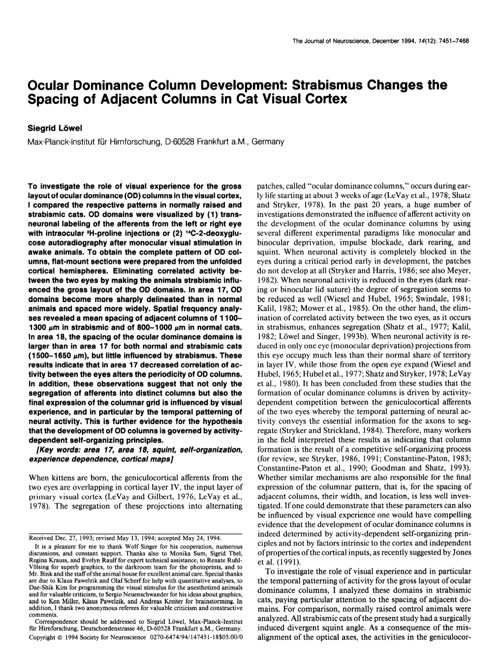 Ocular Dominance Column Development: Strabismus Changes the Spacing of Adjacent Columns in Cat Visual Cortex