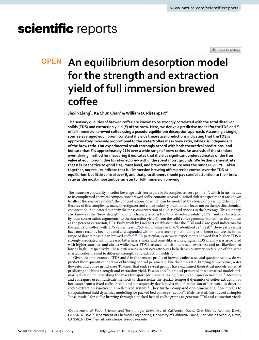An Equilibrium Desorption Model for the Strength and Extraction Yield of Full Immersion Brewed Cofee Jiexin Liang1, Ka Chun Chan2 & William D