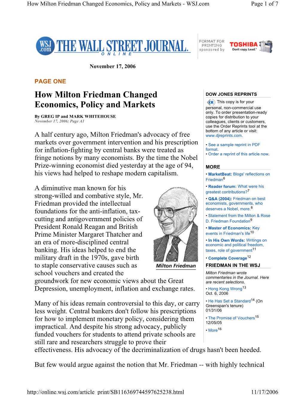 How Milton Friedman Changed Economics, Policy and Markets - WSJ.Com Page 1 of 7