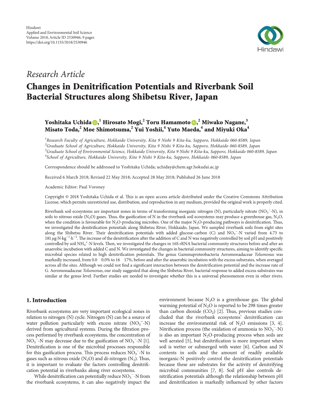 Changes in Denitrification Potentials and Riverbank Soil Bacterial Structures Along Shibetsu River, Japan