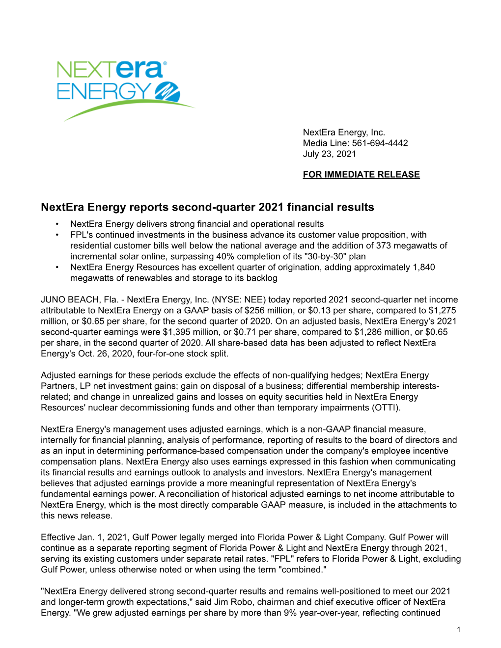 Nextera Energy Reports Second-Quarter 2021 Financial Results